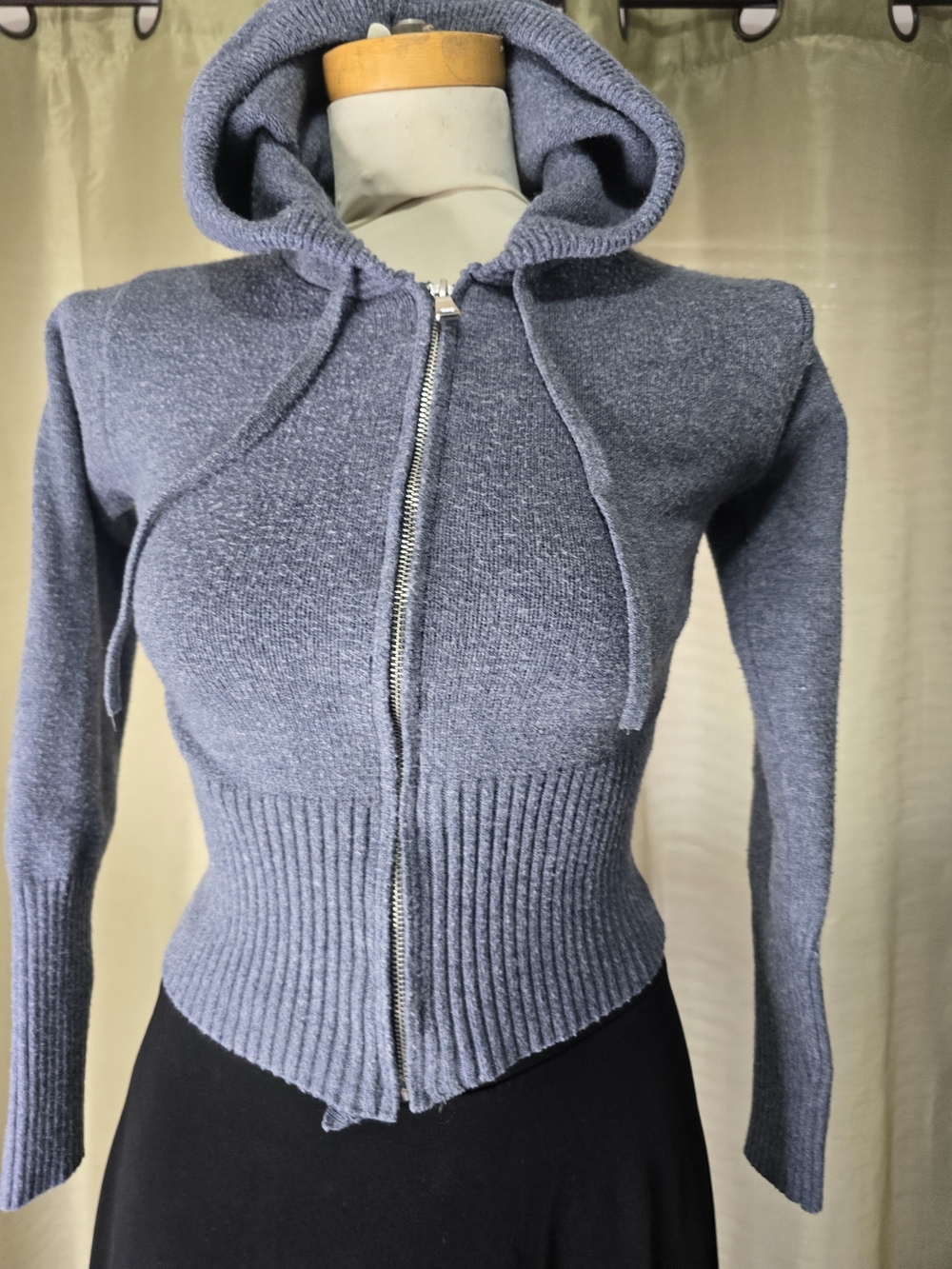 Cropped Zip-Up Hooded Knit Sweater in Heather Blue